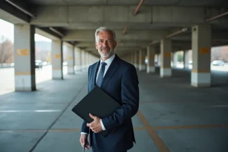 Homme en costume navy dans un parking souterrain