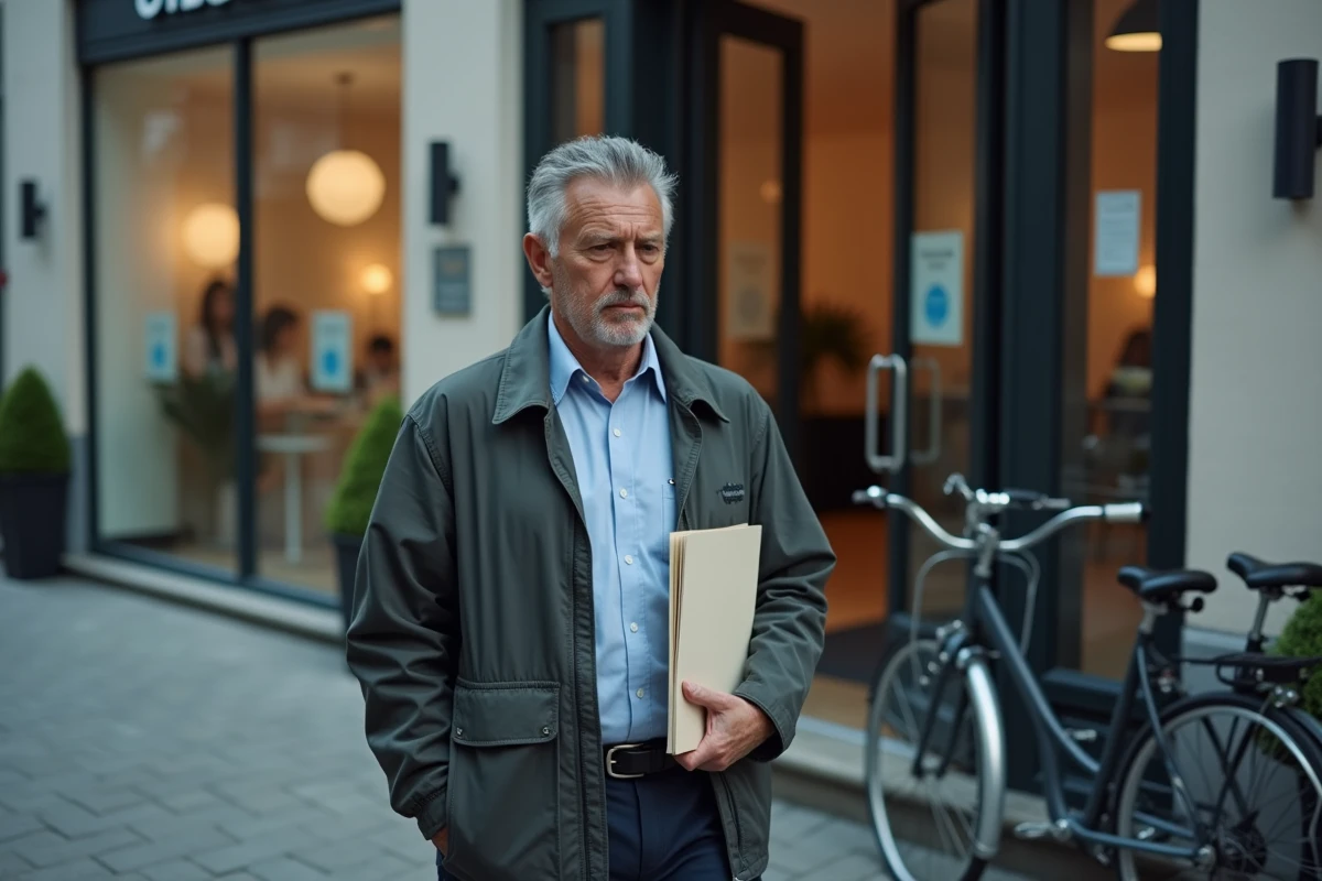 Homme déçu quittant une agence de location en ville