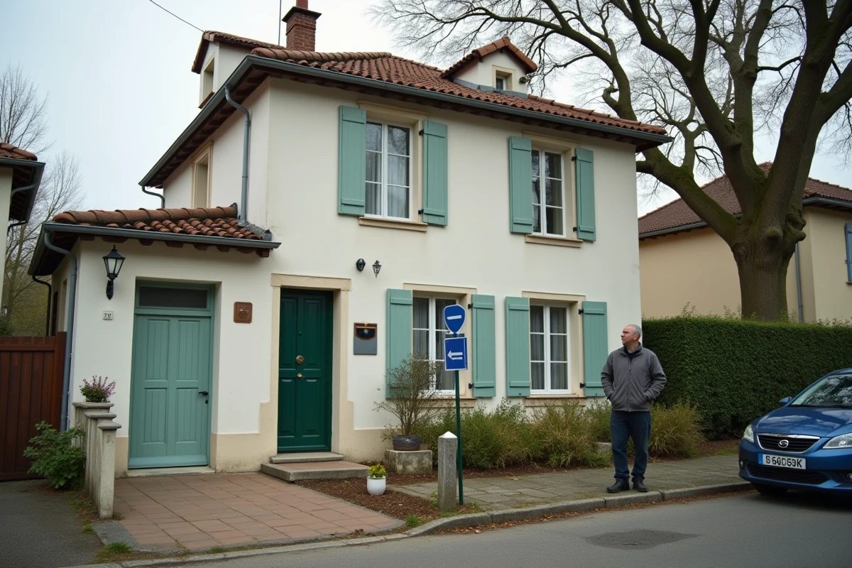 Homme adulte regardant pensivement la maison familiale de ses parents mise en vente dans un quartier résidentiel français