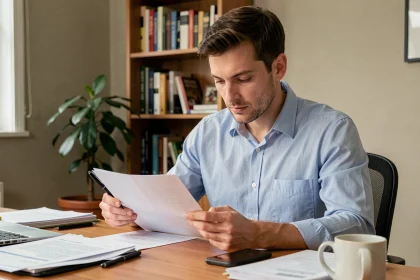 Homme consultant un document lié à un code Action Logement assis à un bureau à domicile