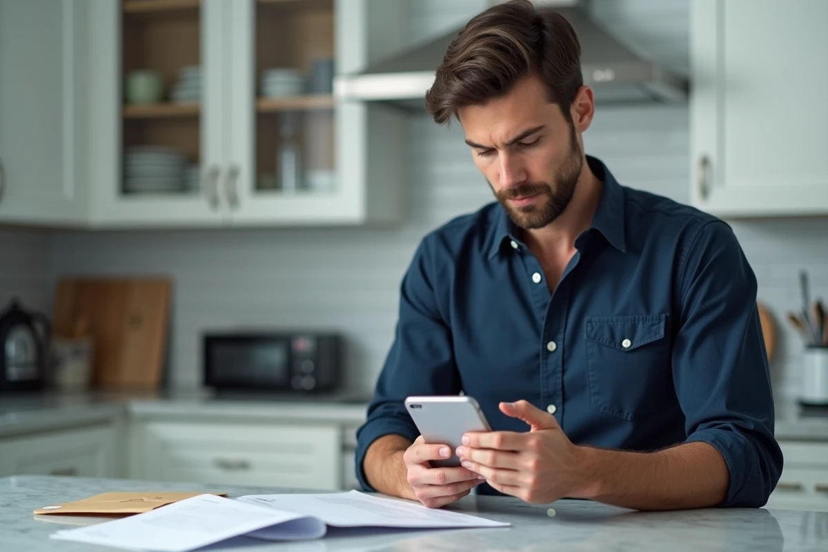 Homme consultant ses documents de copropriété sur smartphone via une plateforme en ligne dans une cuisine moderne