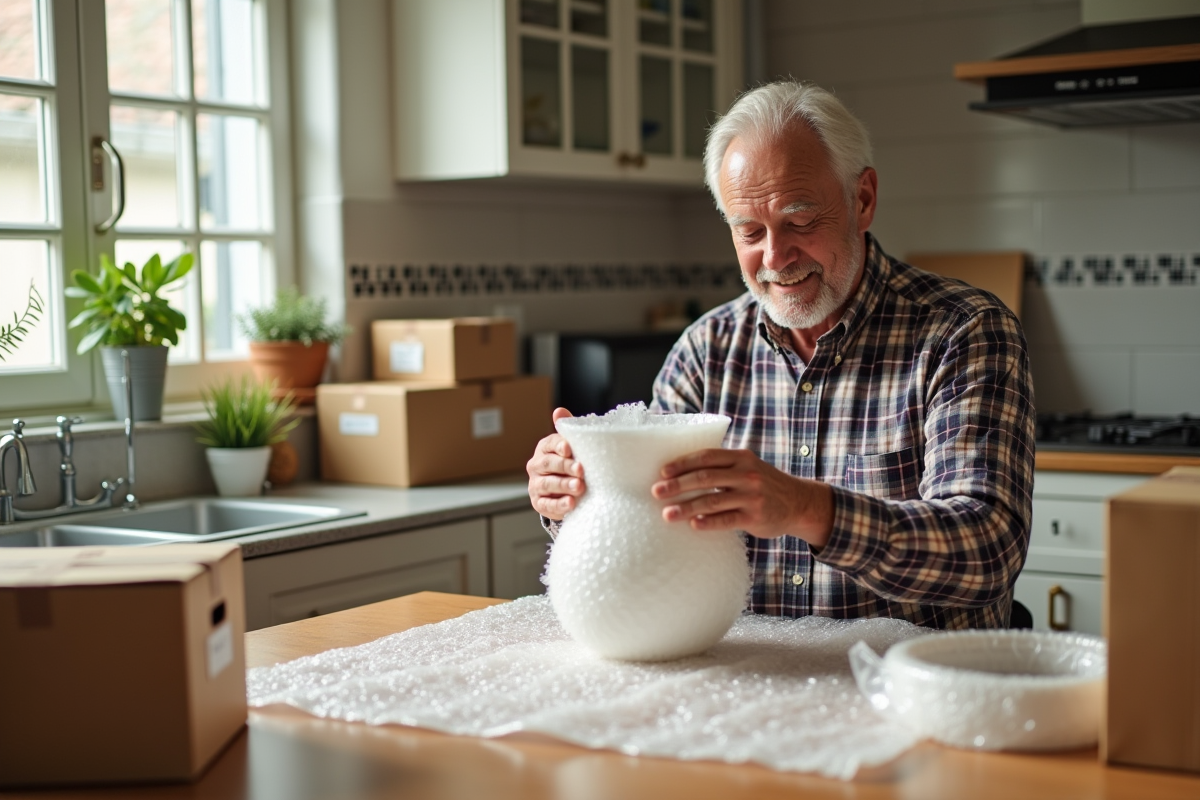 Homme âgé emballant un vase avec du papier bulle dans la cuisine
