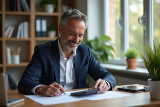 Homme français souriant dans son bureau lisant des papiers