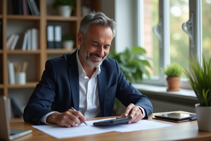Homme français souriant dans son bureau lisant des papiers