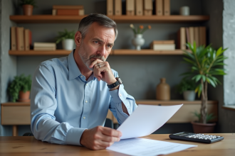 Homme d'âge moyen en tenue décontractée professionnelle travaillant sur des documents immobiliers dans un bureau moderne