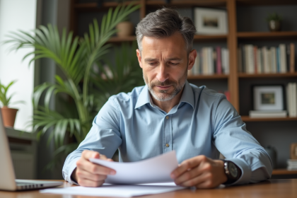 Homme d affaires examinant des reçus de location à la maison