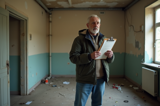 Homme d'âge moyen dans un appartement délabré avec documents