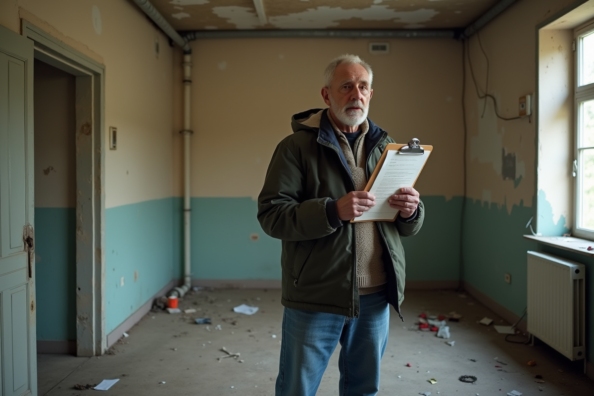 Homme d'âge moyen dans un appartement délabré avec documents