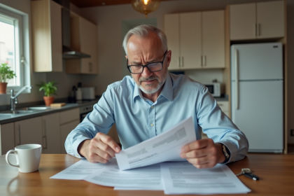 Homme d'âge moyen anxieux devant ses papiers de loyer