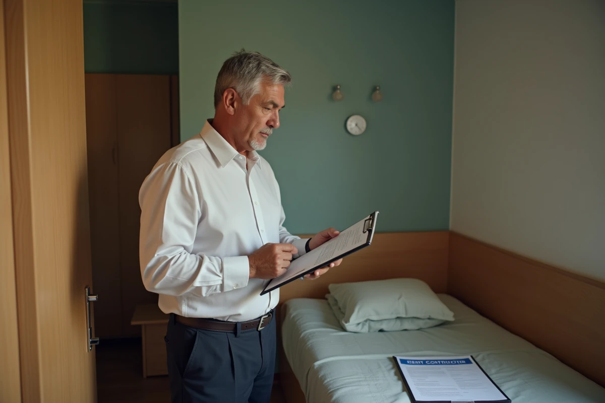 Homme inspecteur dans une petite chambre en appartement