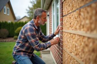 Homme posant des panneaux d'isolation en fibre de bois à l'extérieur