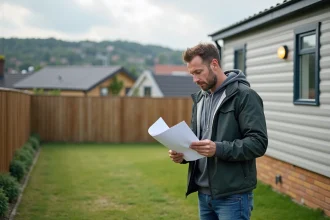 Homme d'âge moyen examinant des papiers près d'une maison mobile