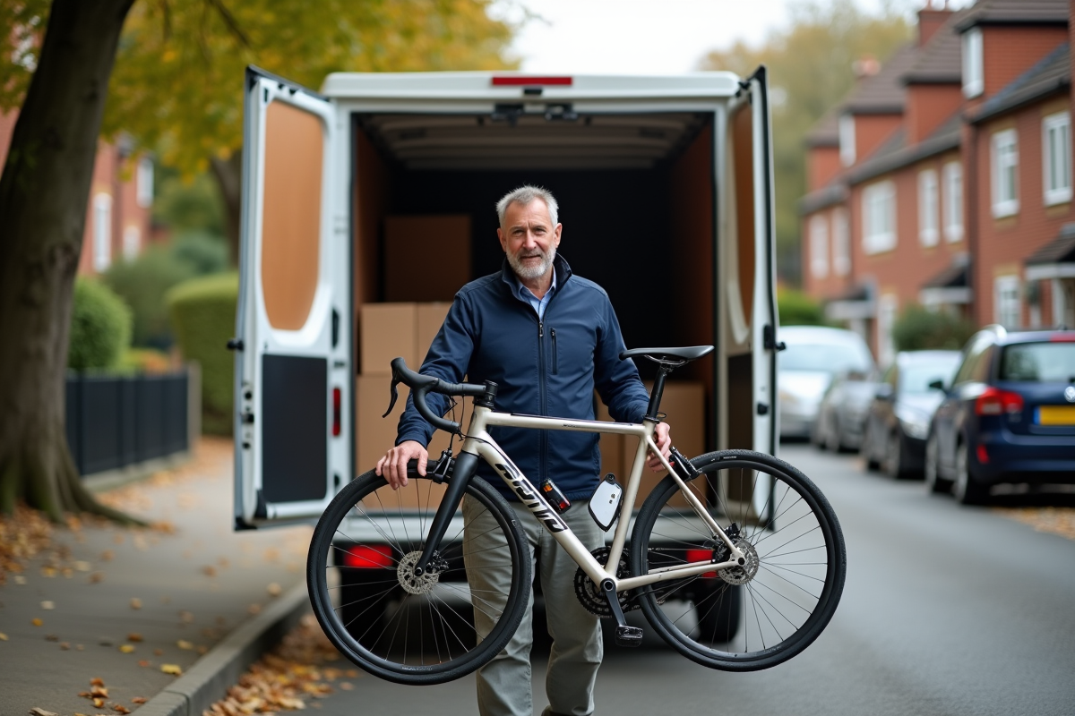 Homme chargeant un vélo dans une camionnette en rue résidentielle