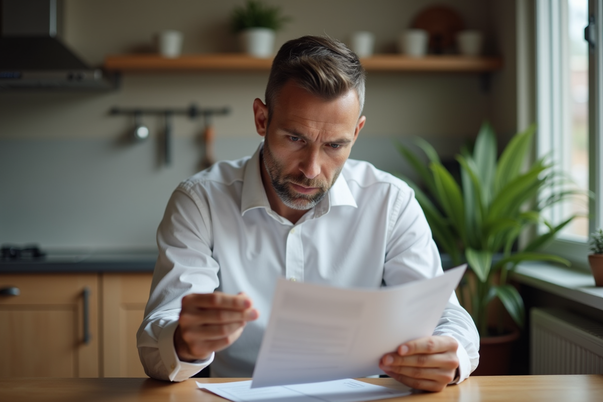 Homme anxieux examinant des documents de location dans un appartement