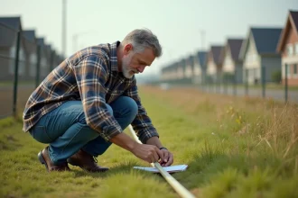 Homme mesurant un terrain avec une règle dans un champ