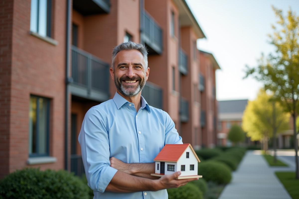 Homme souriant tenant un modèle de maison devant un immeuble neuf
