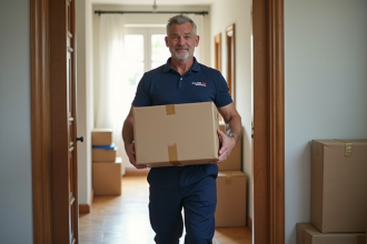 Homme moveur professionnel portant un polo et pantalon bleu dans un appartement