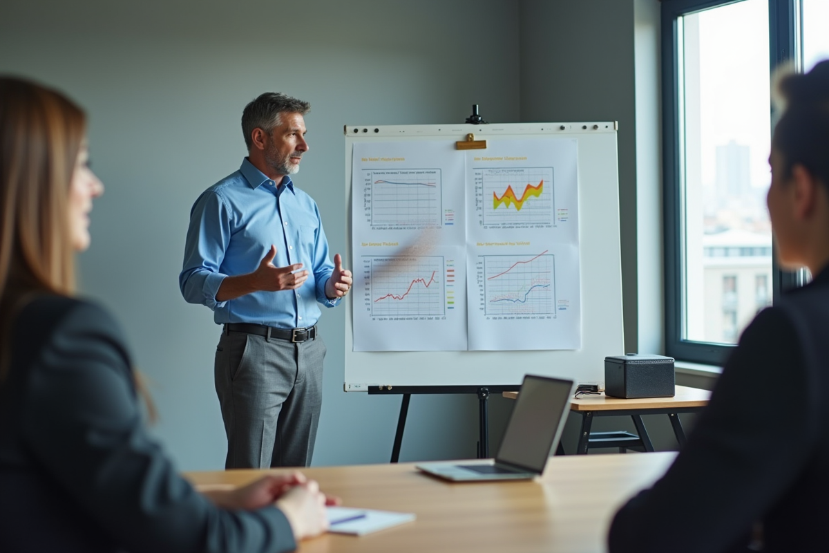 Homme en réunion présentant un plan de financement