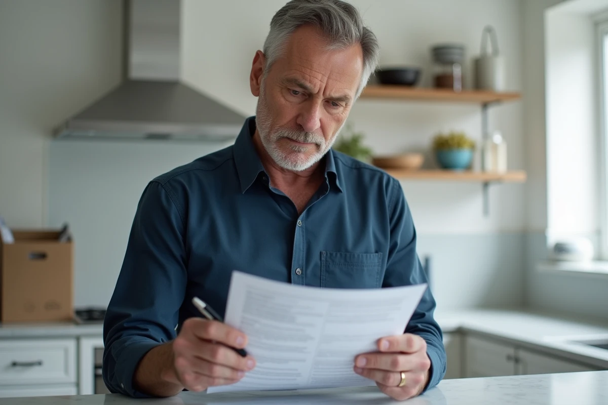 Homme en chemise bleue relisant une lettre de préavis imprimée dans une cuisine moderne avec cartons de déménagement