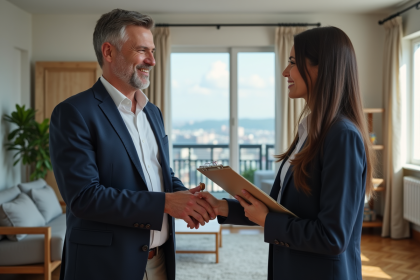 Homme en blazer remettant des clés à une femme dans un salon moderne