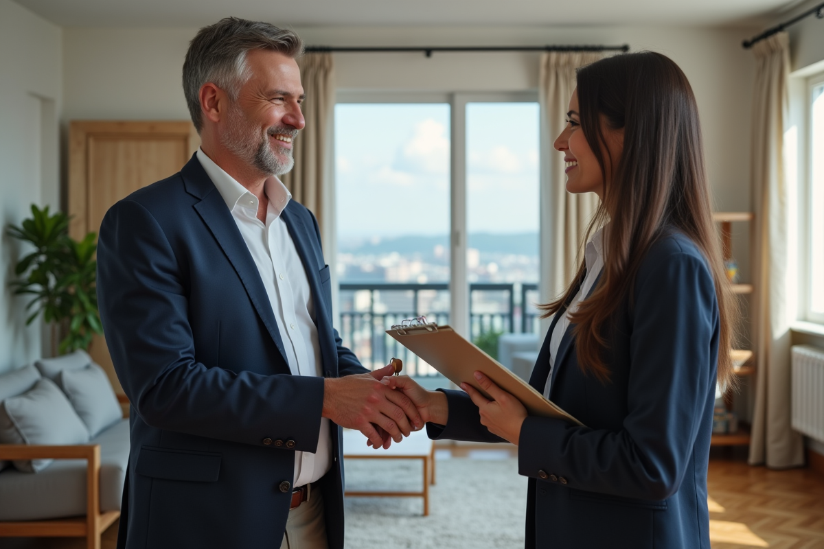 Homme en blazer remettant des clés à une femme dans un salon moderne
