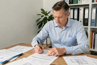 Homme remplissant un panneau de déclaration de travaux avec plusieurs documents officiels sur un bureau en bois
