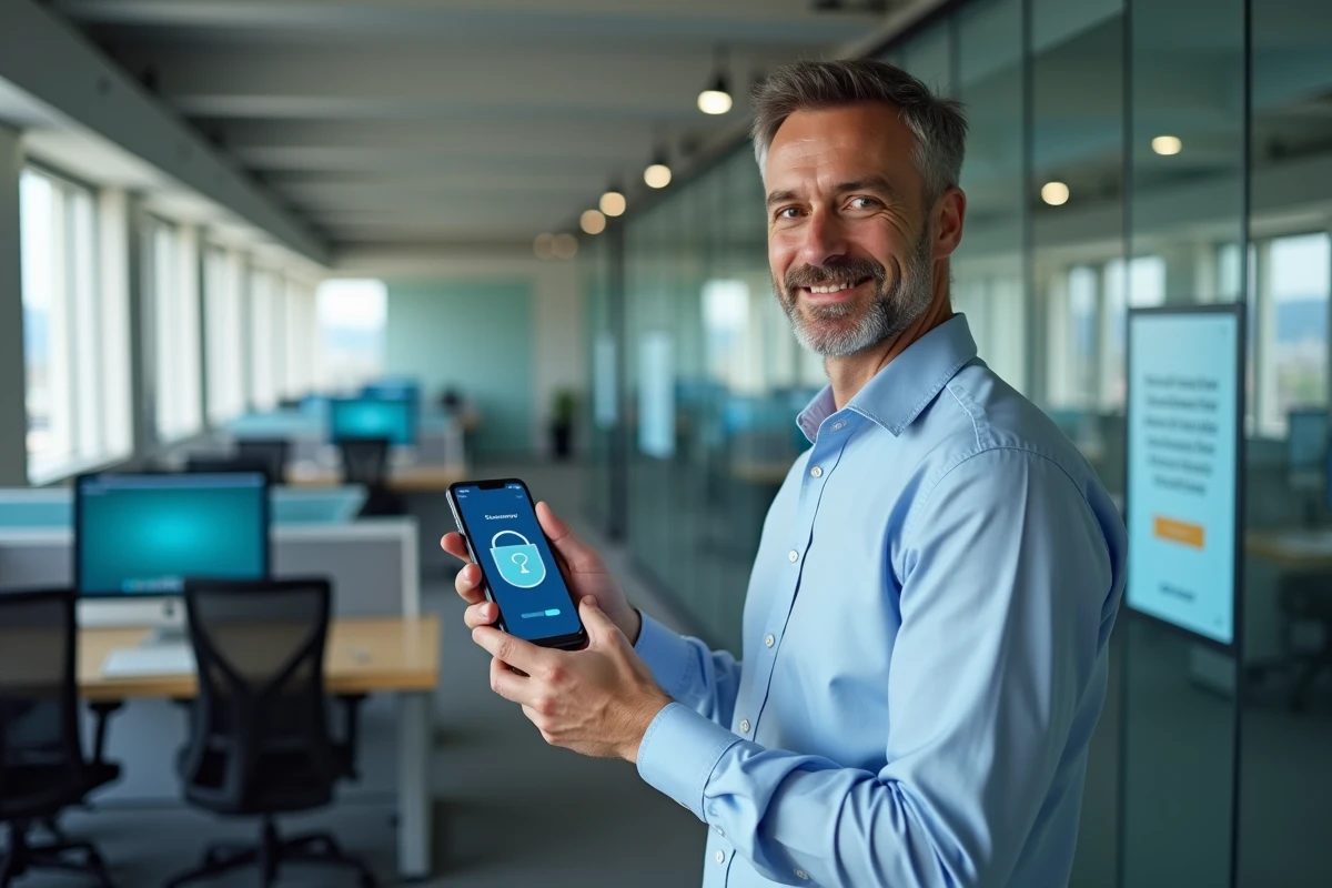 Homme d age moyen vérifiant une authentification sur son téléphone au bureau