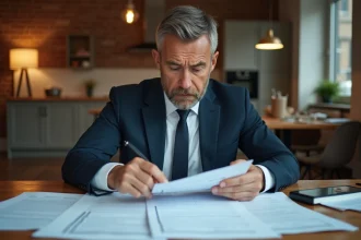Homme d'âge moyen stressé avec documents de prêt