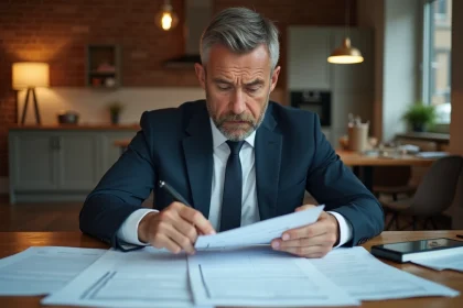 Homme d'âge moyen stressé avec documents de prêt