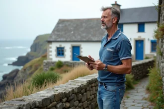 Homme en marinière sur une terrasse bretonne avec maison blanche et côte