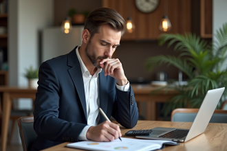 Homme concentré travaillant à la maison avec ordinateur et documents
