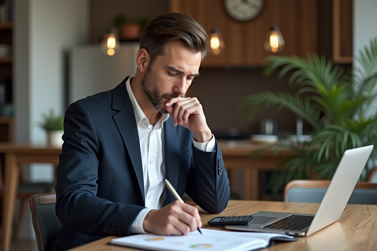 Homme concentré travaillant à la maison avec ordinateur et documents