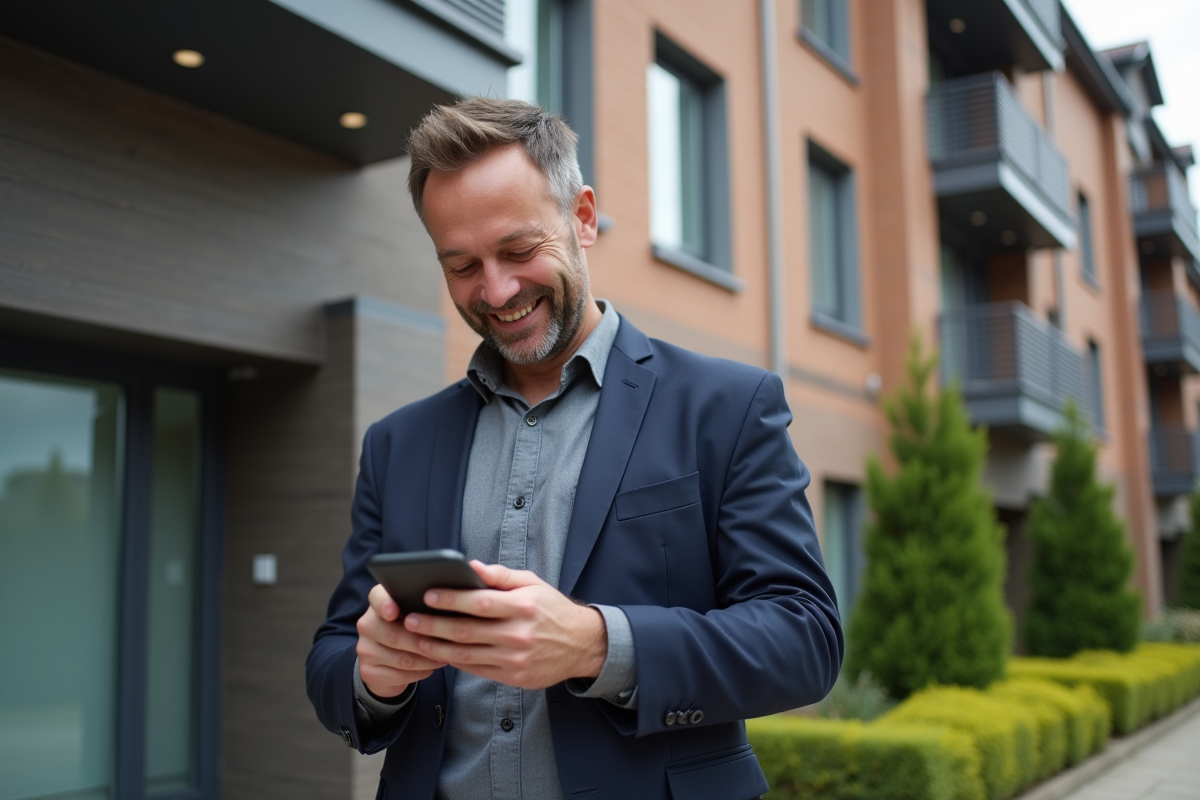 Homme souriant utilisant son smartphone devant un immeuble moderne