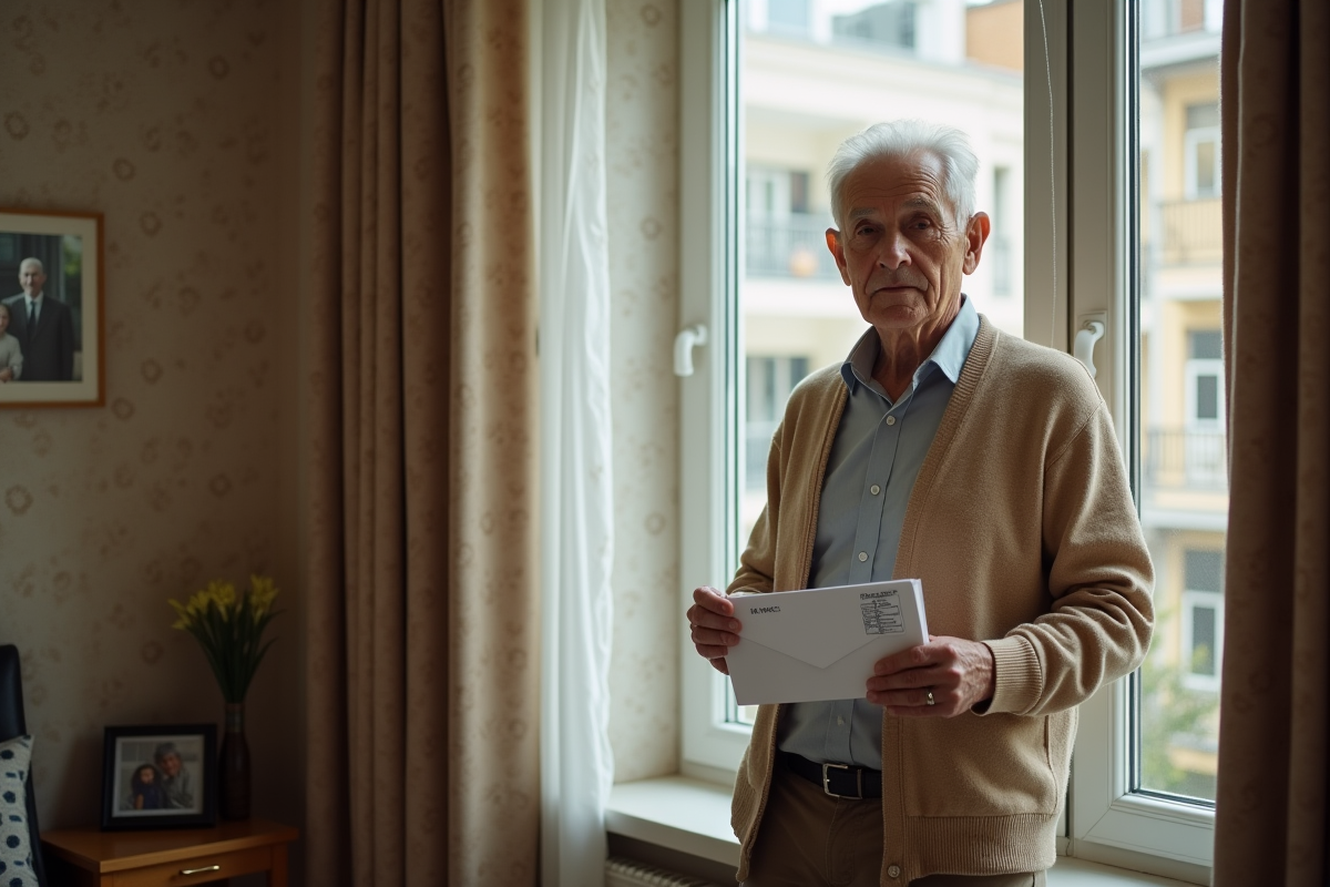 Homme âgé tenant une enveloppe avec insignia fiscal dans son appartement