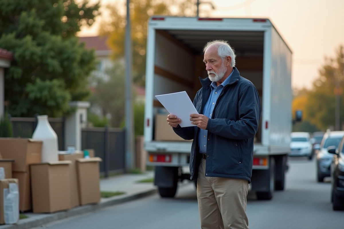Homme vérifiant un contrat à côté d un camion de déménagement