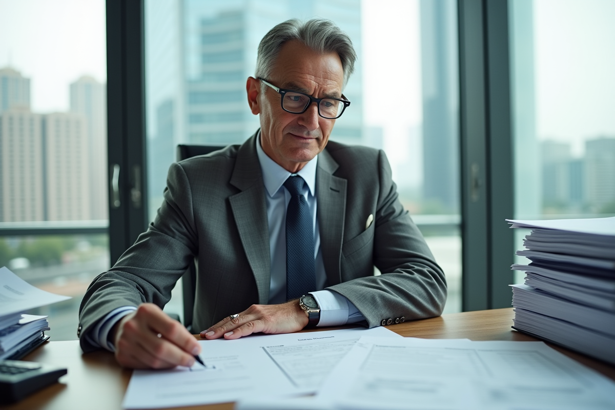 Homme en costume vérifiant des documents immobiliers au bureau