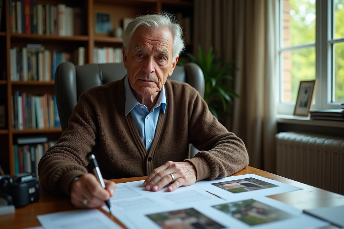 Homme âgé examinant des documents de dommages