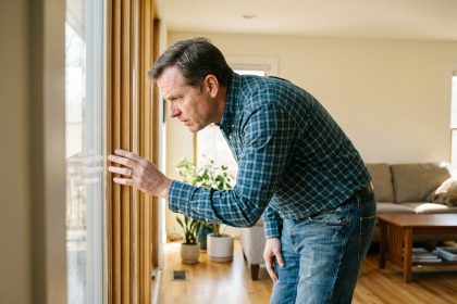 Homme d'âge moyen inspectant une grande fenêtre intérieure