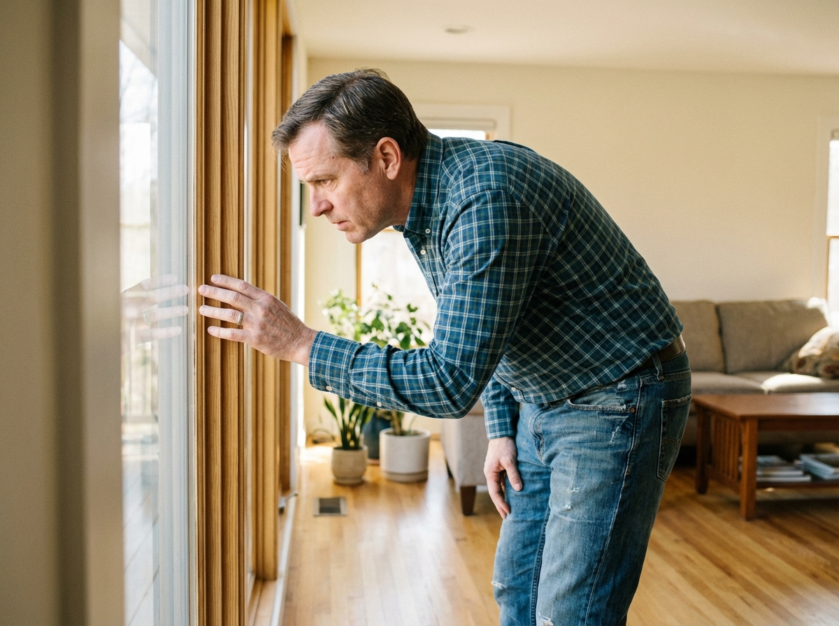 Homme d'âge moyen inspectant une grande fenêtre intérieure