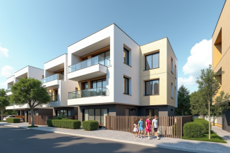Immeuble moderne à Pacé avec familles en extérieur