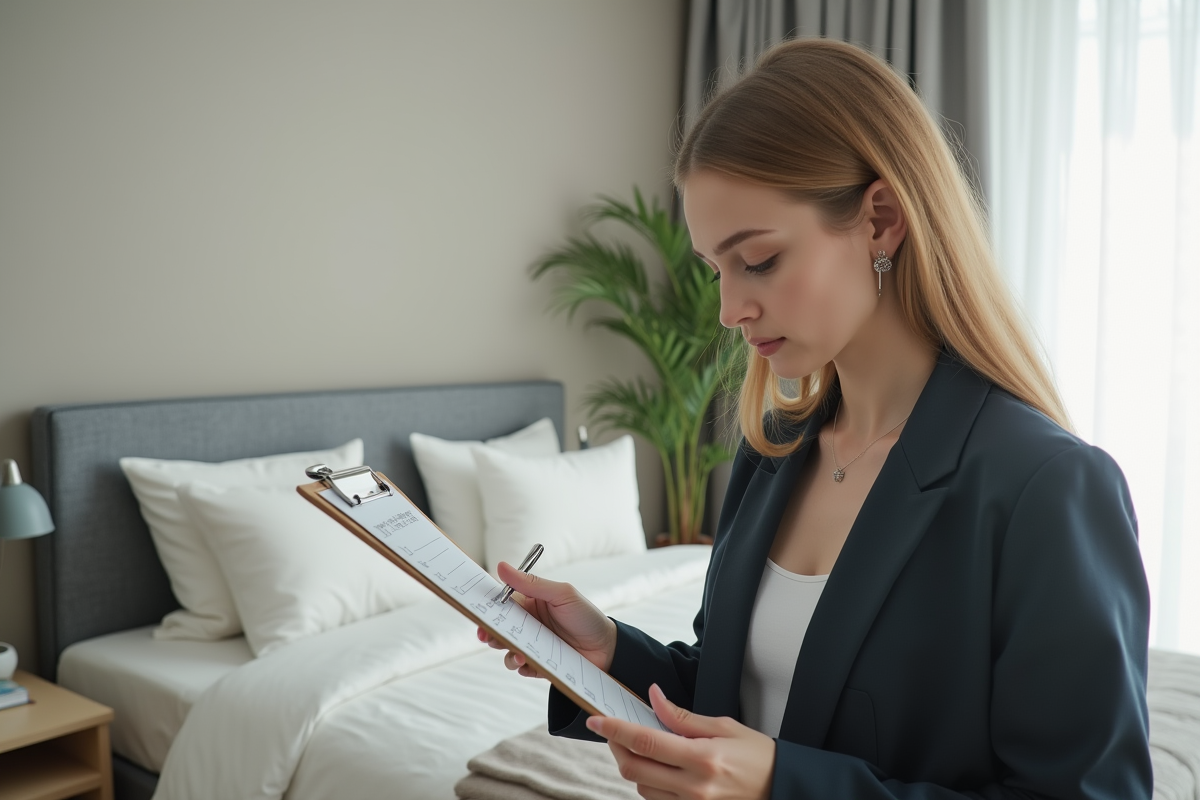 Femme professionnelle vérifiant une liste dans une chambre bien aménagée