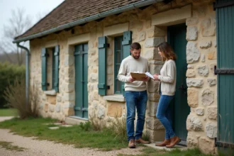 Couple inspectant l'extérieur d'une maison à louer en Seine-Maritime, pointant des défauts sur la façade en pierre normande