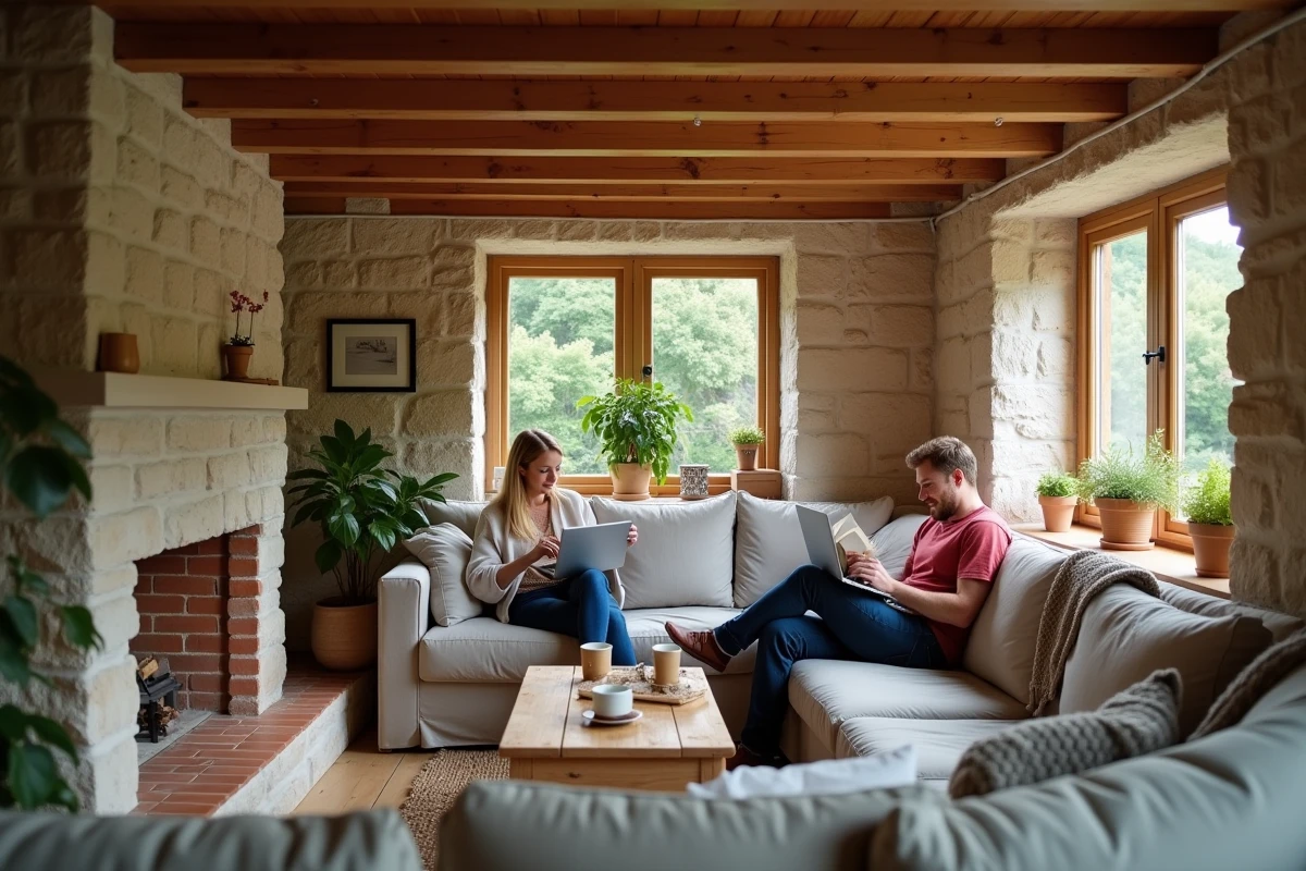 Intérieur cosy d'une petite maison de location avec jardin, couple se relaxant dans le salon rustique