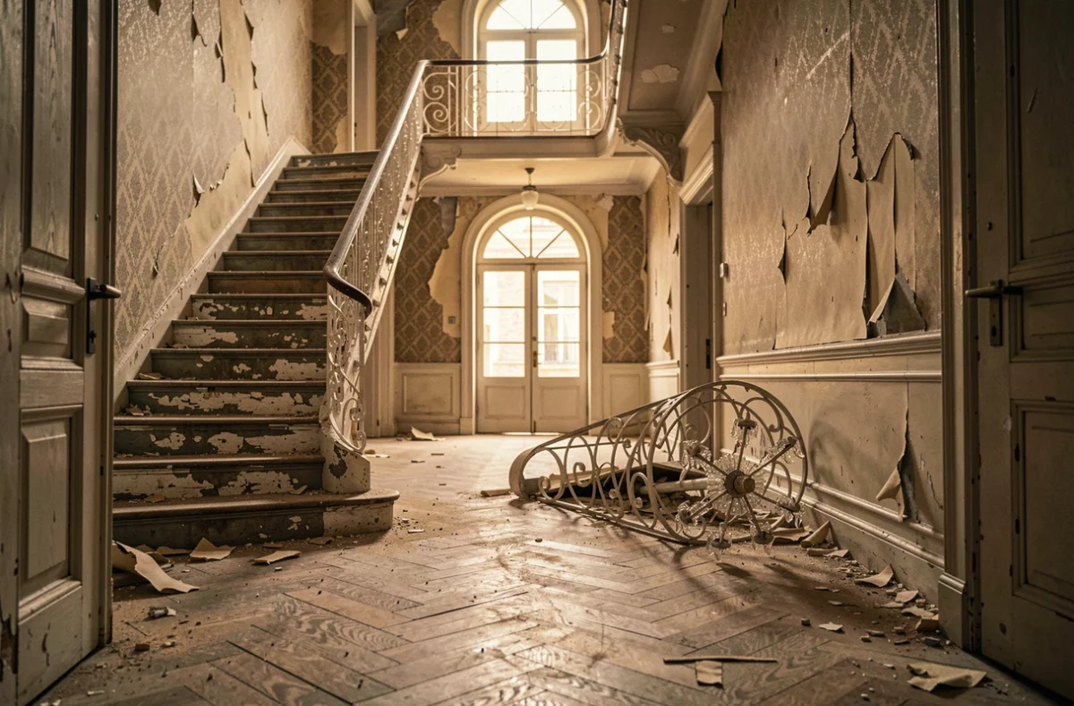 Couloir intérieur d'un manoir abandonné avec escalier en fer forgé et parquet dégradé