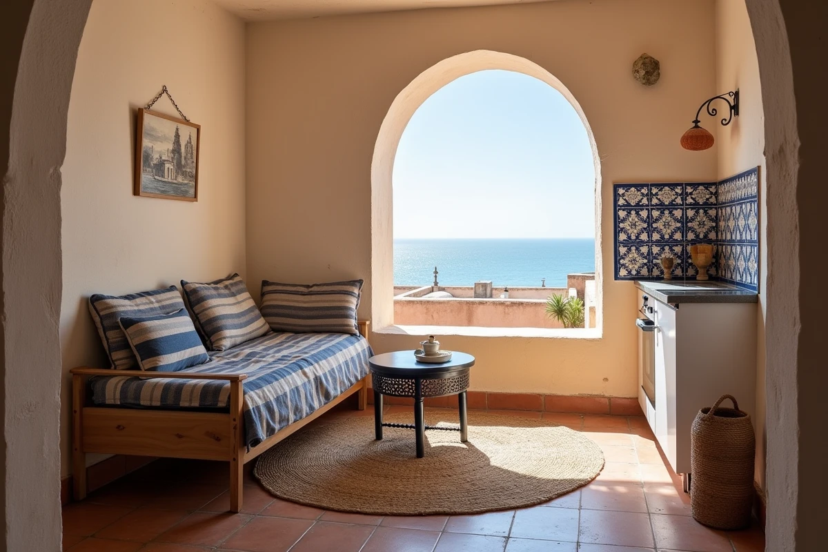 Intérieur d'un studio meublé à louer par mois à Essaouira avec carrelage zellige et vue sur l'Atlantique