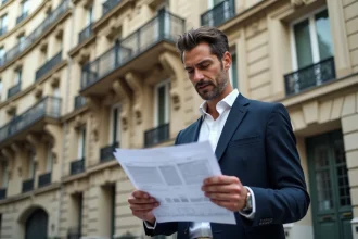 Investisseur immobilier devant un immeuble de rapport haussmannien à Paris tenant une feuille de calcul financier