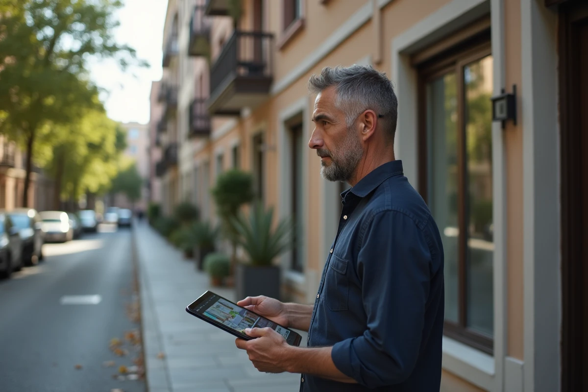 Investisseur immobilier masculin évaluant un immeuble résidentiel rénové avec tablette numérique en milieu urbain