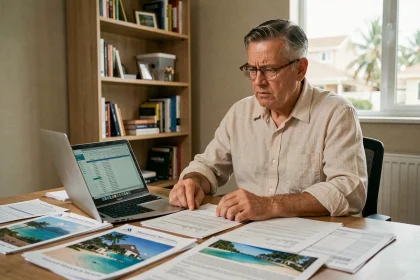 Investisseur immobilier inquiet examinant des contrats et documents pour un achat immobilier à l'île Maurice