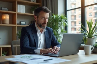 Investisseur immobilier locatif analysant des annonces de biens sur ordinateur portable dans un bureau moderne