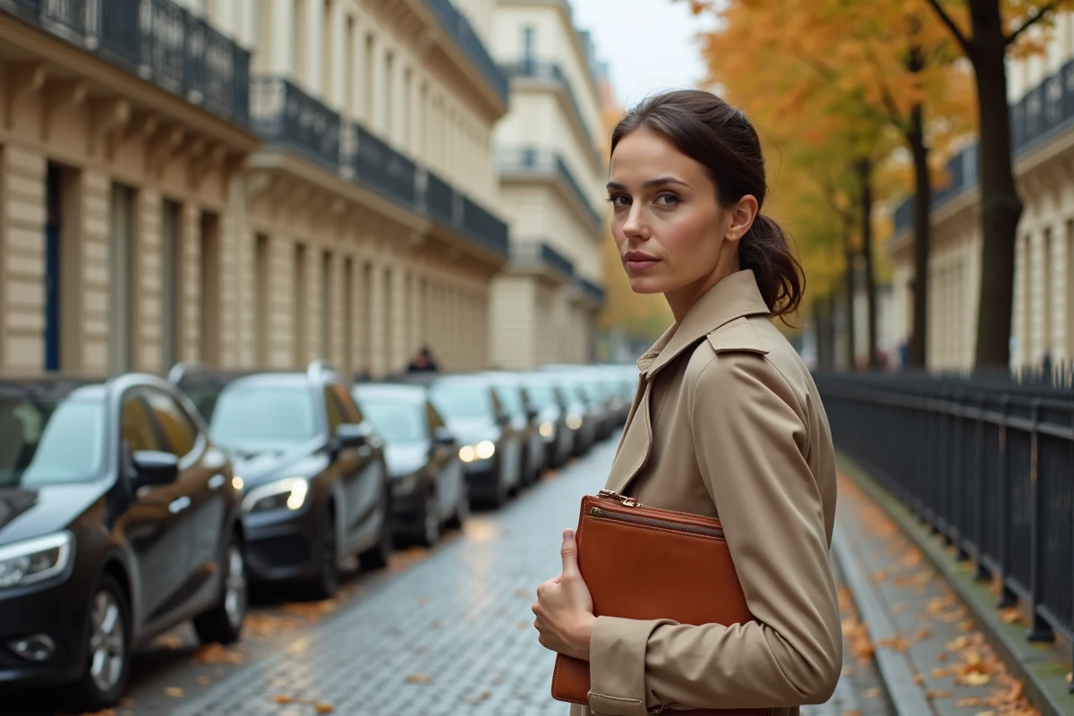 Investisseuse immobilière devant un immeuble haussmannien lors d'une visite pour un investissement locatif